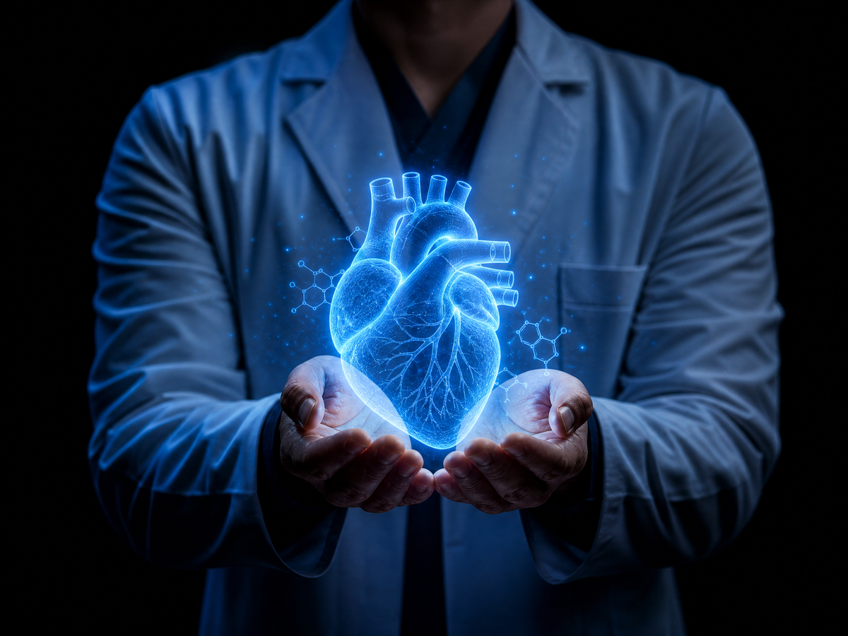 Glowing holographic heart held by a doctor for Cardio Diabetes Care