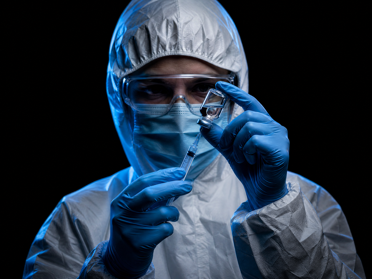 Doctor in protective equipment holding a medical vial and syringe