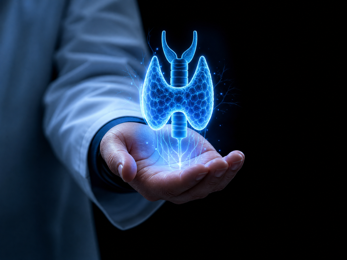 Glowing holographic thyroid held by a doctor for Endocrinology Solutions
