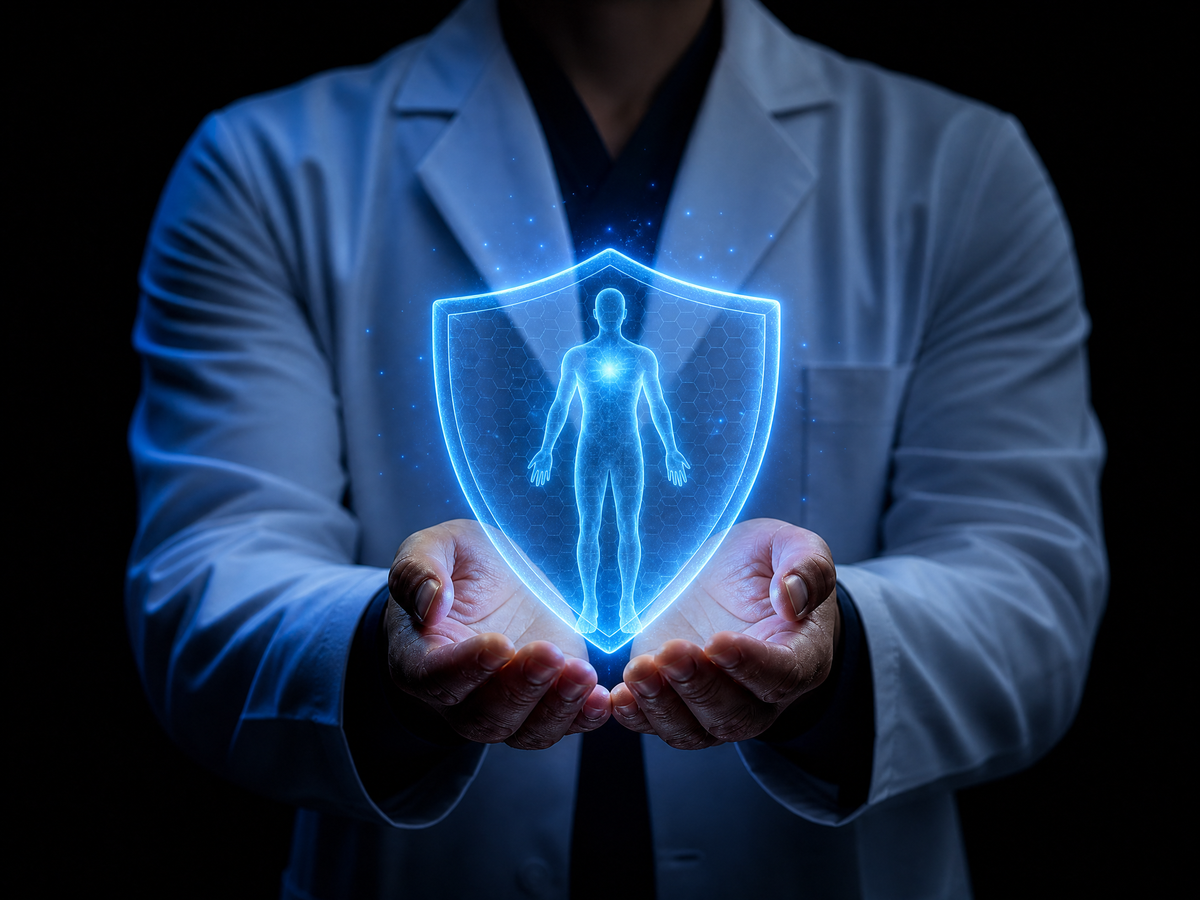 Doctor holding a glowing wellness shield hologram