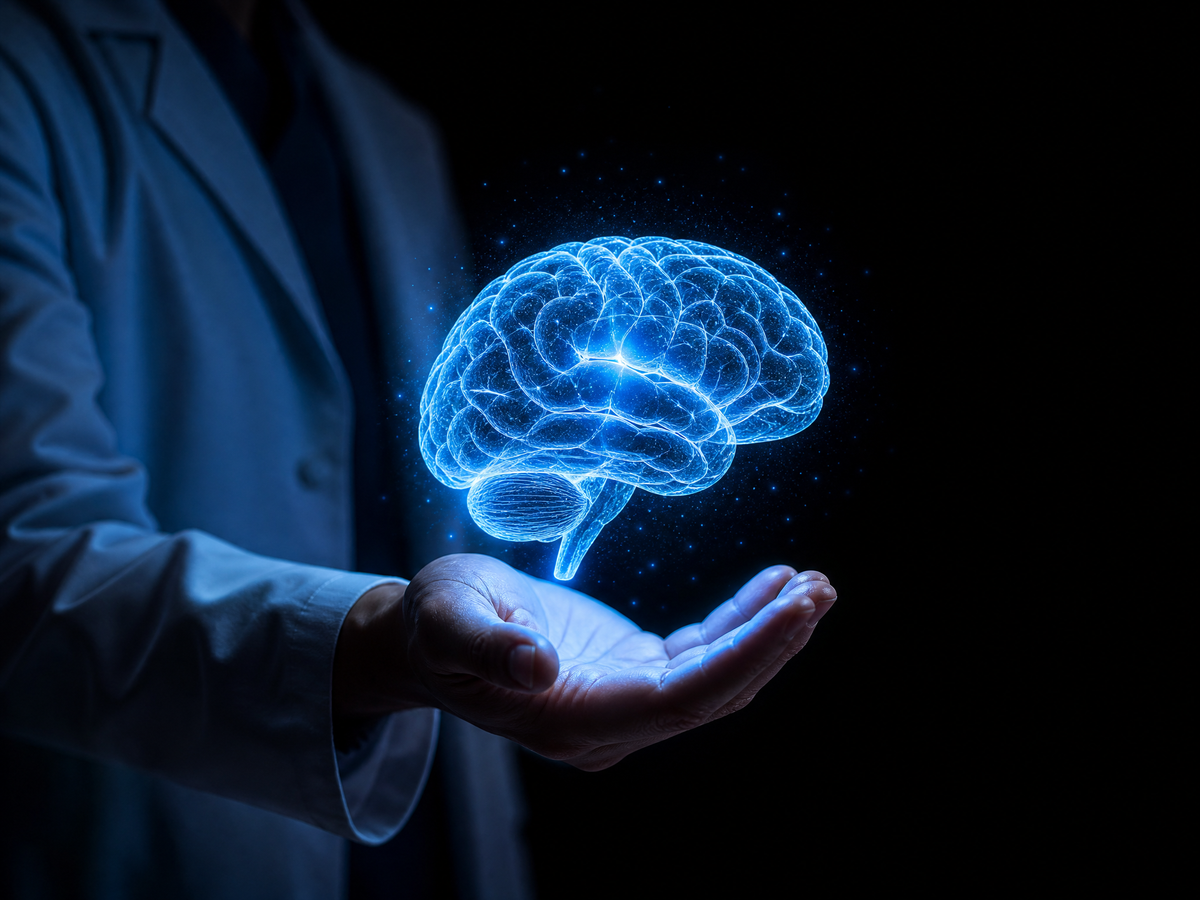 Glowing holographic brain held by a doctor for Neuro Care