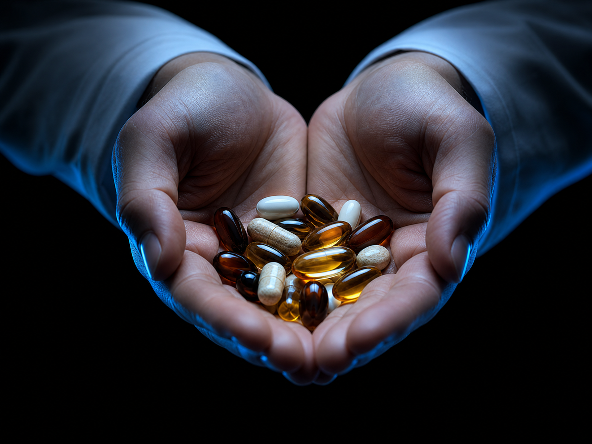 Hands holding nutritional supplement capsules and tablets