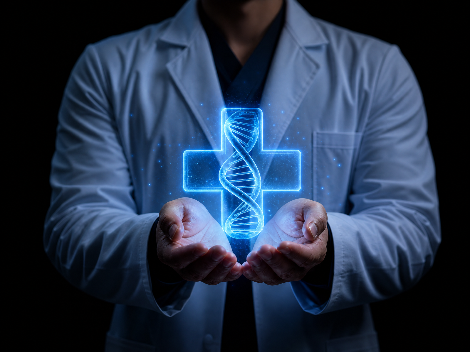 Doctor holding a glowing medical cross and DNA hologram