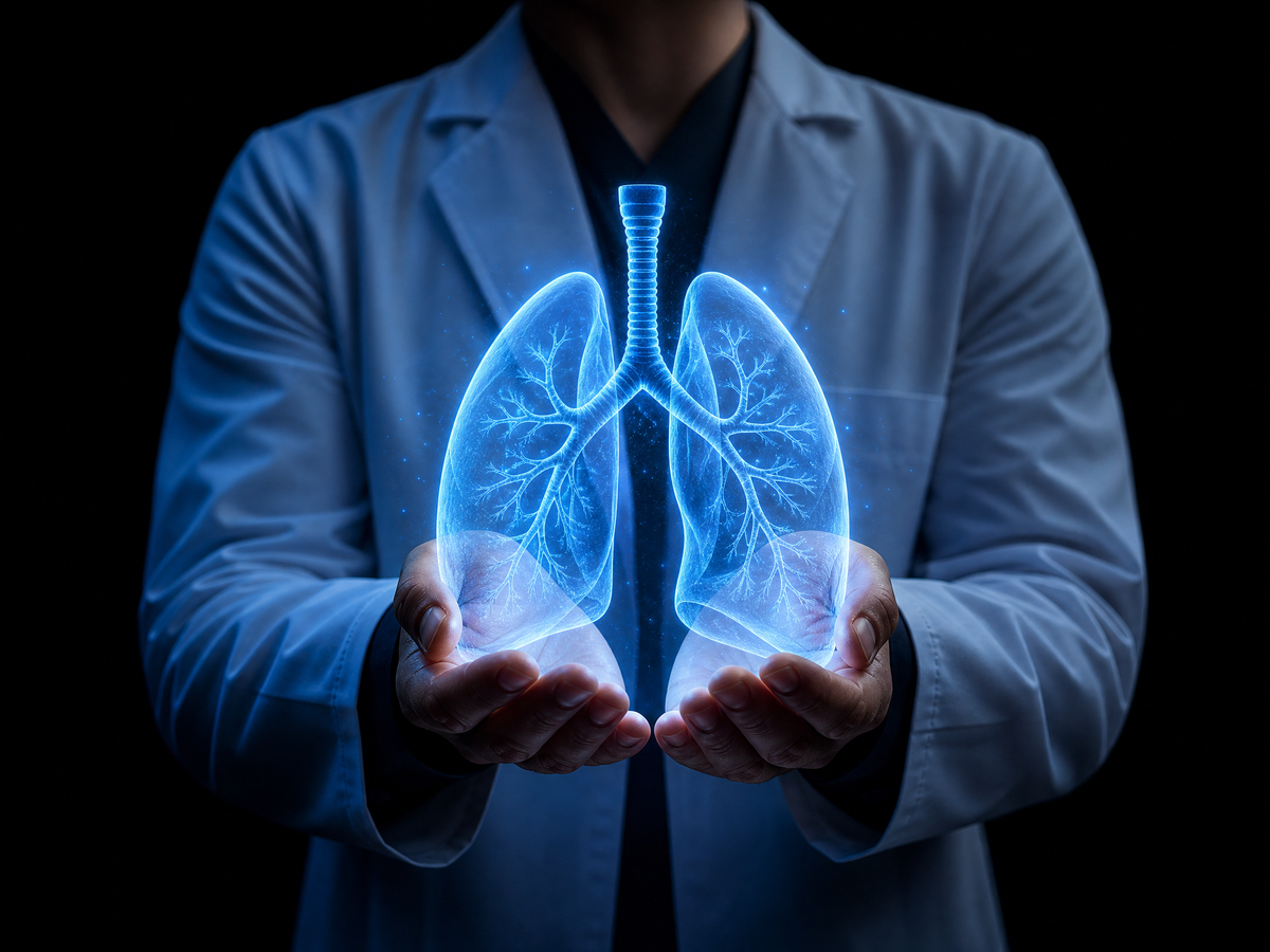 Glowing holographic lungs held by a doctor for Respiratory Care